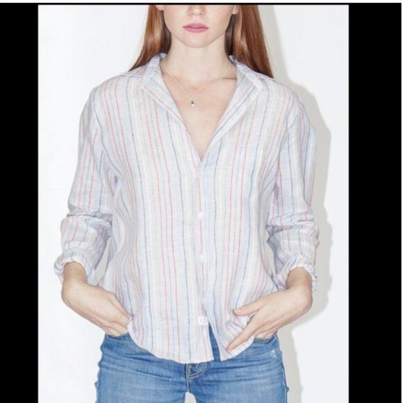 Frank and Eileen Barry Gray Striped Linen Button Up Blouse Shirt S - Picture 1 of 12